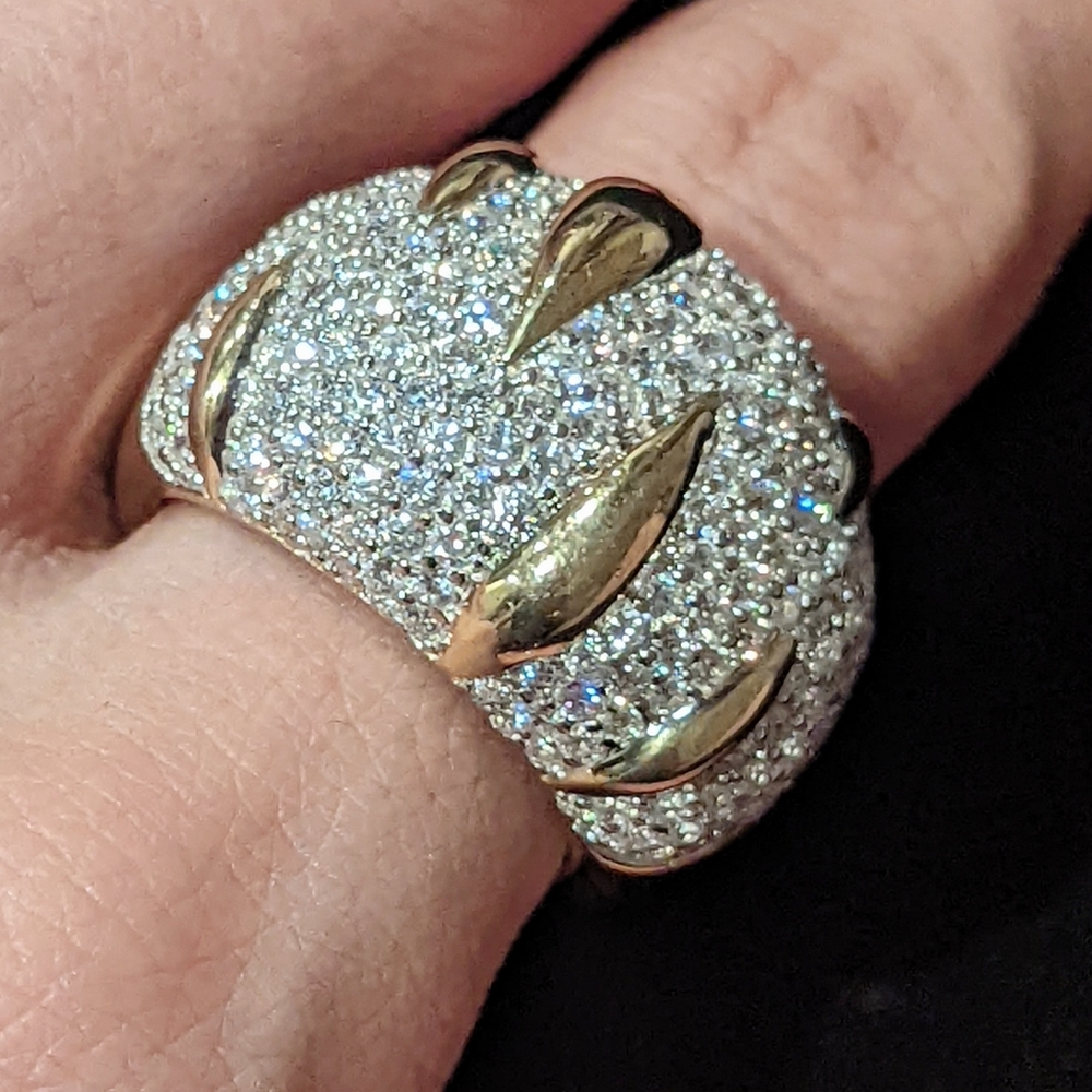 Pave cubic zirconia wide-band bubble ring. Gold plated 925 sterling silver. 8
